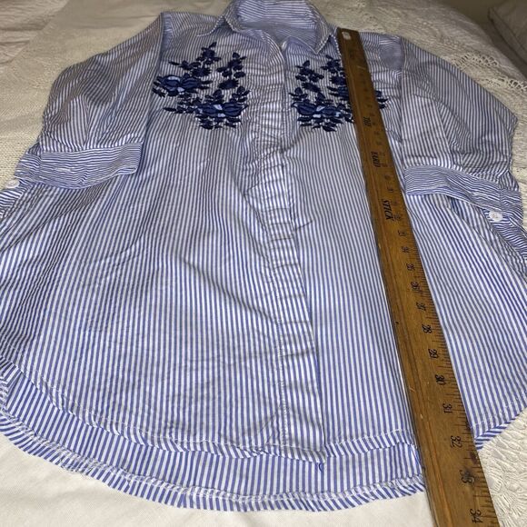 Embroidered Button Down Tunic Shirt Stripe Floral 3/4 Sleeve Womens M Blue White - Picture 6 of 8